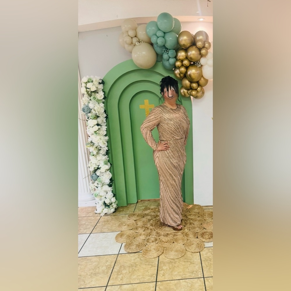 Mac Duggal Tan Cream Bodycon Dress with Bishop Sleeves